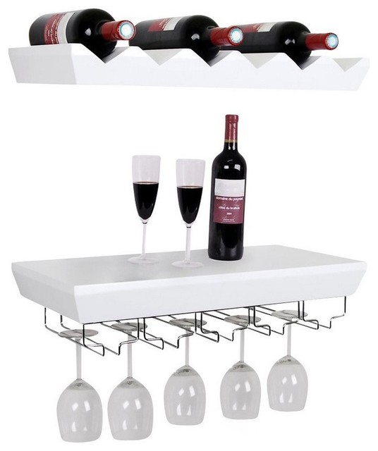 Wall Mounted Wine Rack With Glass Holder Set, White Contemporary Wine Racks by Welland