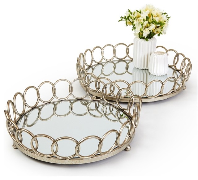 Tozai Links Set of 2 Round Mirrored Decorative Trays Contemporary