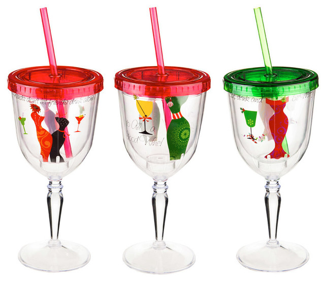 Santa's Diva Acrylic Wine Goblets with Lids and Straws Set