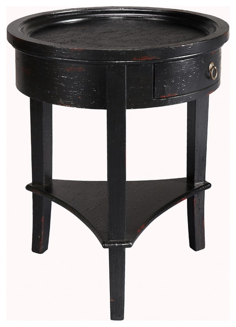 1 Drawer Round Accent Table, Manteo Black Finish - Rustic - Side Tables
