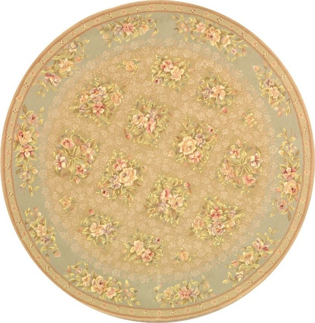 Country & Floral French Tapis Round 4' Round Sand Green Area Rug