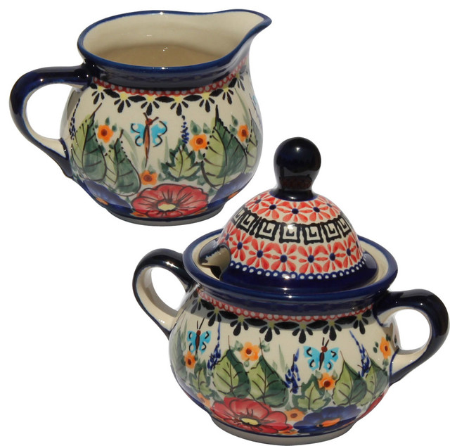 Polish Pottery Sugar Bowl and Creamer Set Farmhouse Sugar Bowls And