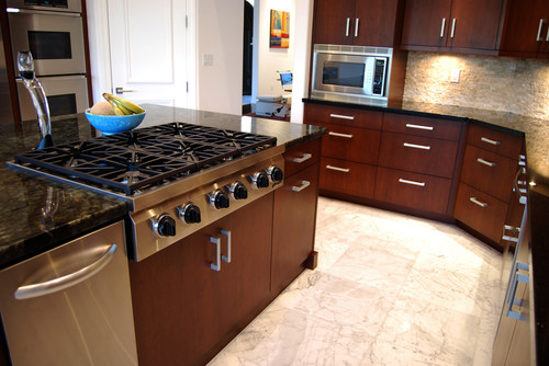 Cherry Cabinets Granite Countertops Stainless Steel Appliances Kitchen Remodel Space Island Countertop Cabinets