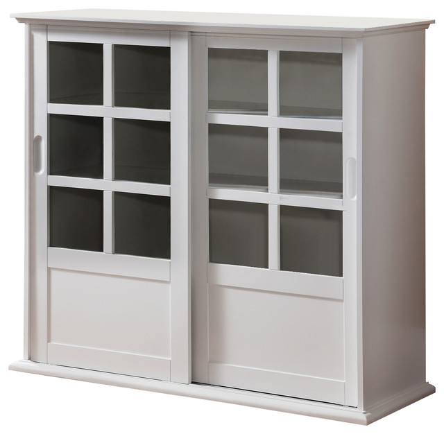 Wood Curio With Glass Sliding Doors, White Finish Traditional