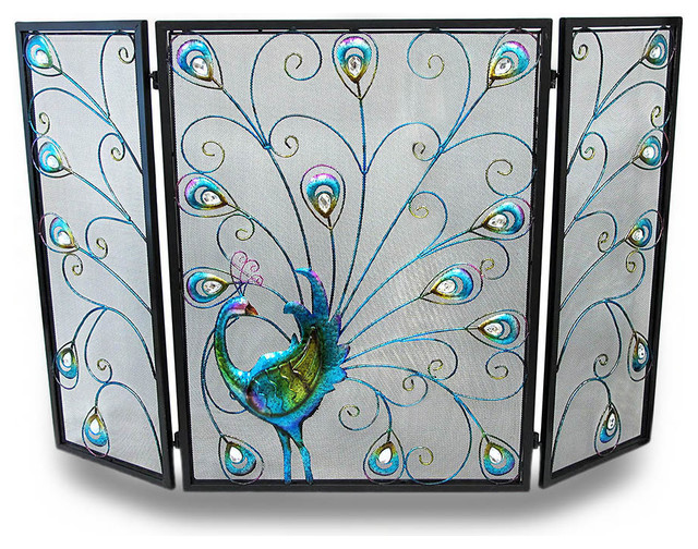 Colorful Peacock and Plumes Jeweled Metal 3Panel Fireplace Screen
