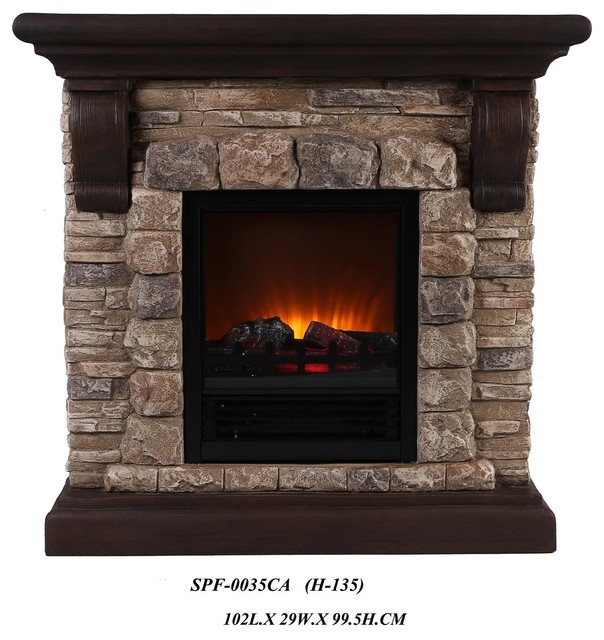 Dark Faux Stone Portable Fireplace, Large Rustic Tabletop