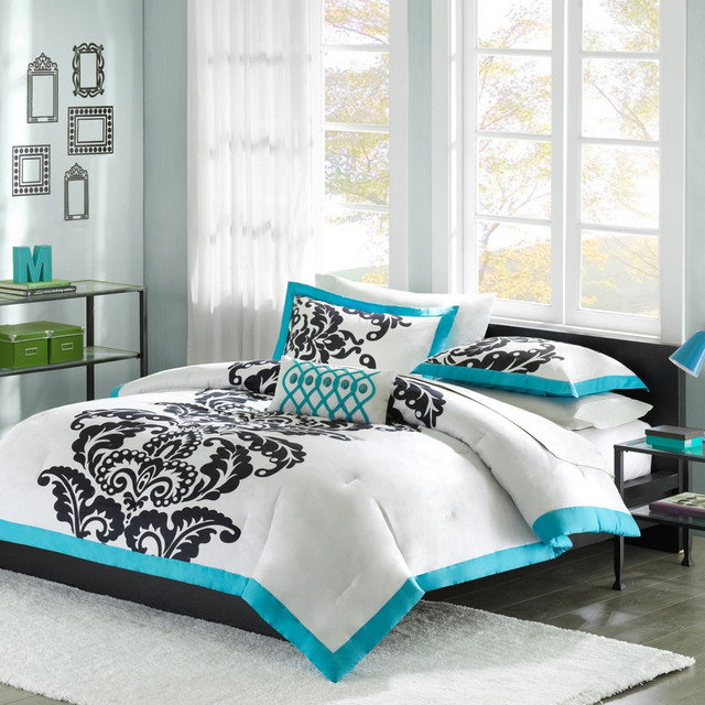 Twin / Twin XL size Modern Teal Damask Comforter Set