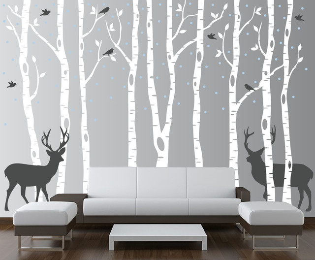 Innovative Stencils - Birch Tree Wall Decal Forest With Snow Birds and Deer Vinyl Sticker Removable