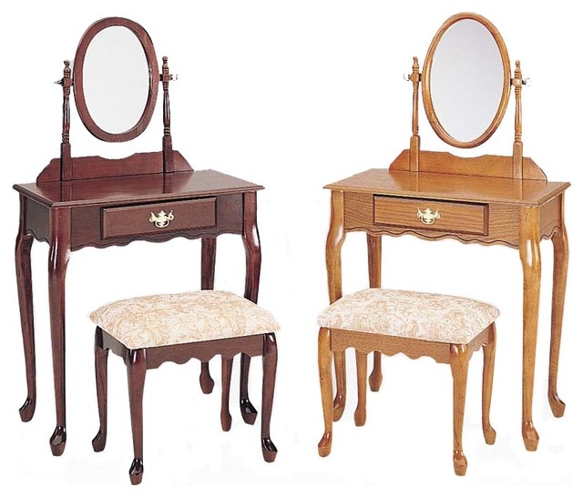 Queen Anne 3 PC Vanity Set Oval Swivel Mirror Cream Upholstered Bench