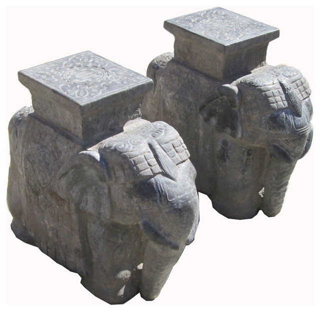 HandCarved Chinese Stone Elephant Statues, Set of 2 Asian Garden