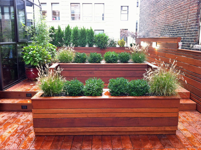Nyc roof garden: terrace deck, wood planter boxes, fence ...