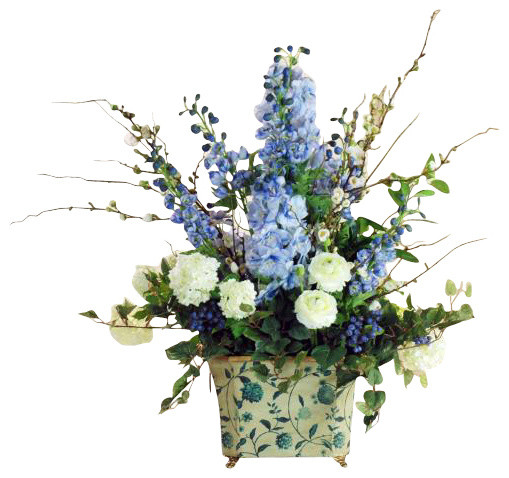 Delphinium Snowball In Blue Tin Flower Arrangement - Traditional