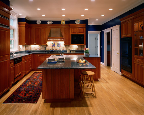 Dining L Shaped Kitchens Cherry Cabinets Black Countertops Hardwood Floor