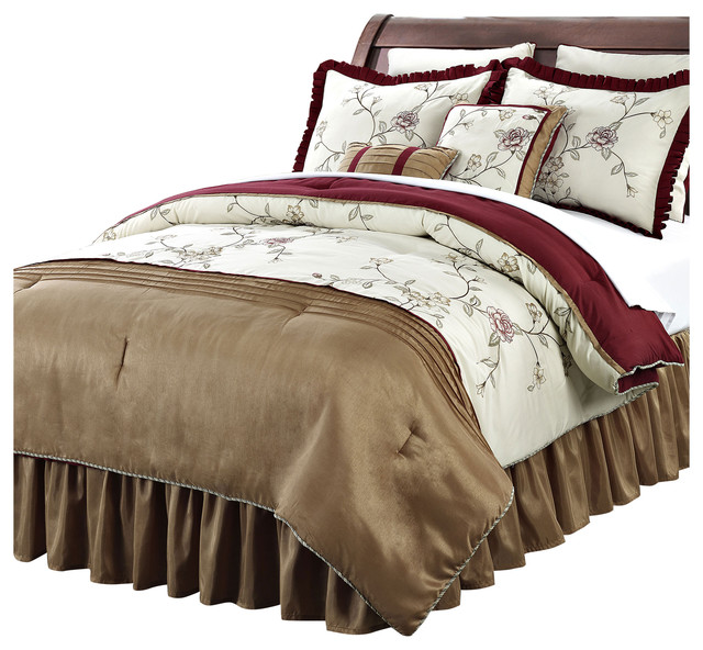 Terrace Comforter 12 Piece Bed Set, Beige and Burgundy, Queen Modern