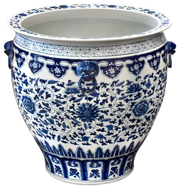HandPainted Blue and White Canton Fishbowl Asian Indoor Pots And