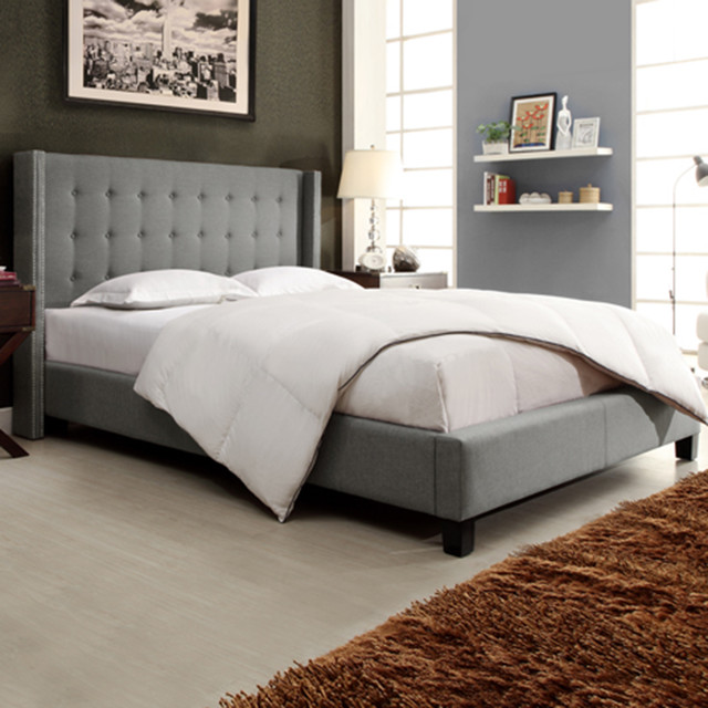 INSPIRE Q Marion Grey Linen Nailhead Wingback King-sized Platform Bed