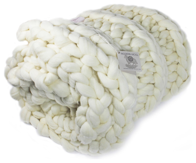 Chunky Knit Throw Blanket, White Traditional Throws by Modern Wool