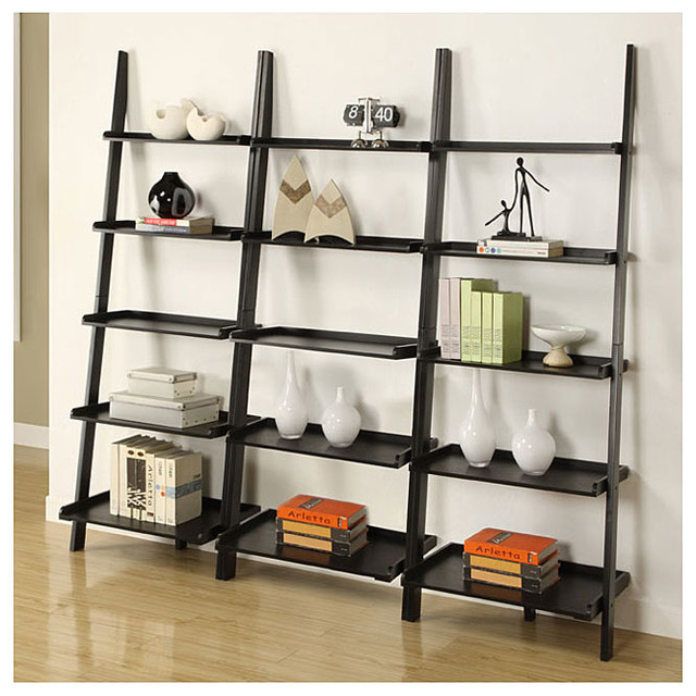 black leanibg book shelf 72in high