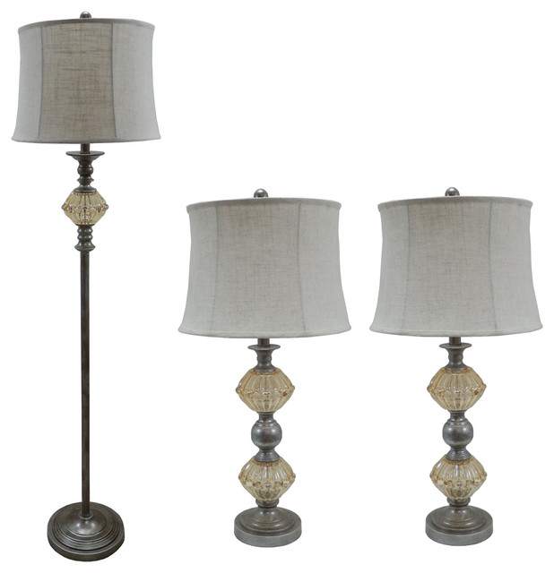 3piece Antique Silver Finish Metal/ Amber Glass Lamp Set