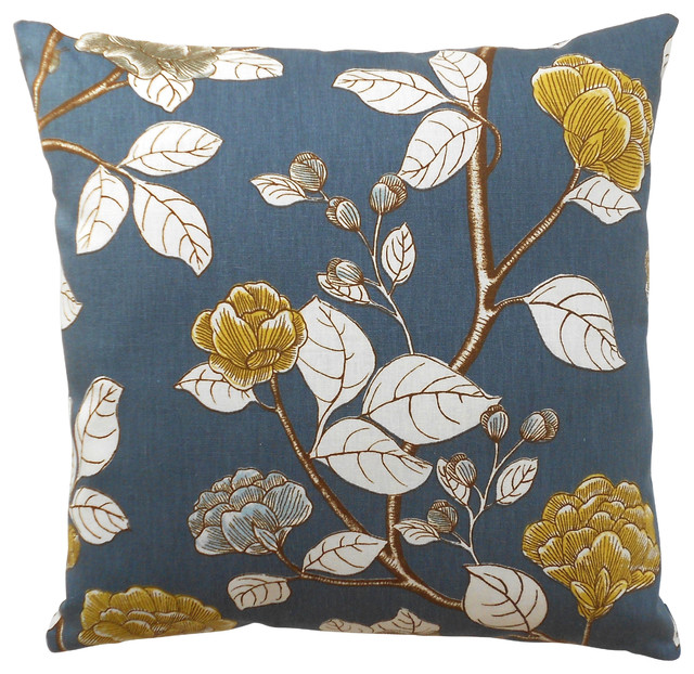 Navy And Yellow Leda Peony Decorative Pillow Cover - Traditional - Decorative Pillows - by ...
