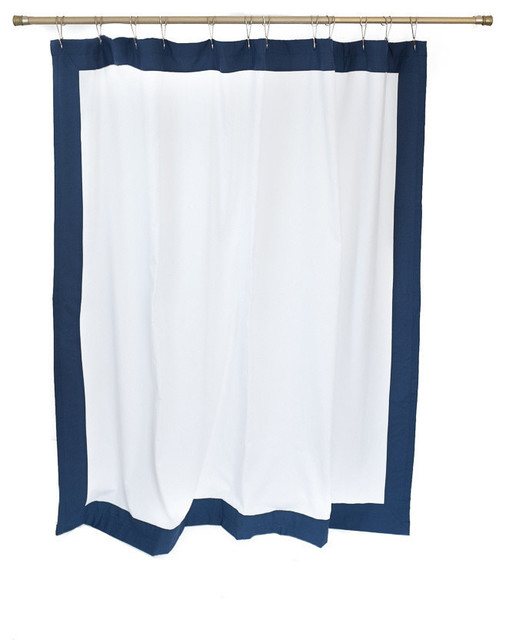 Extra Long Organic Shower Curtain, Mitered Border, Navy and White