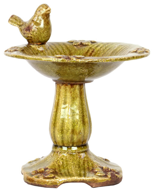 Antique Gold Green Bird Feeder Statue Accent Garden Patio Traditional
