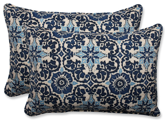 Woodblock Prism Blue Oversized Rectangular Throw Pillow, Set of 2 - Mediterranean - Outdoor ...