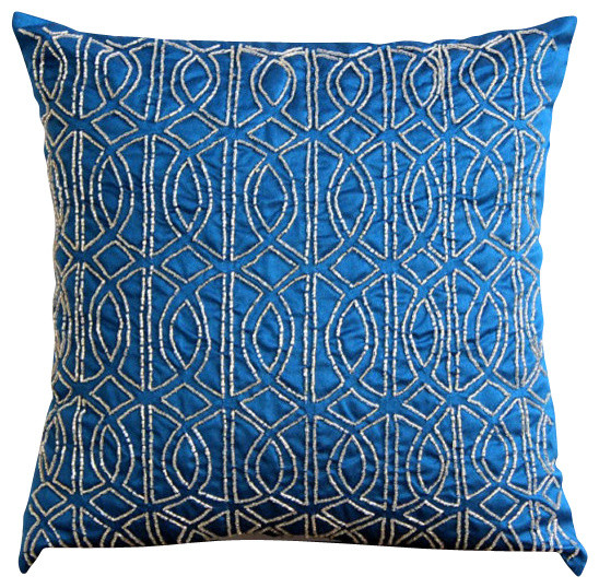 Geometric Royal Blue Decorative Silk Throw Pillow Cover, 14x14 - Traditional - Decorative ...