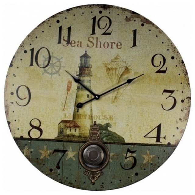 Wooden Vintage Lighthouse Sea Shore Clock, 23" Beach Style Desk And Mantel Clocks by