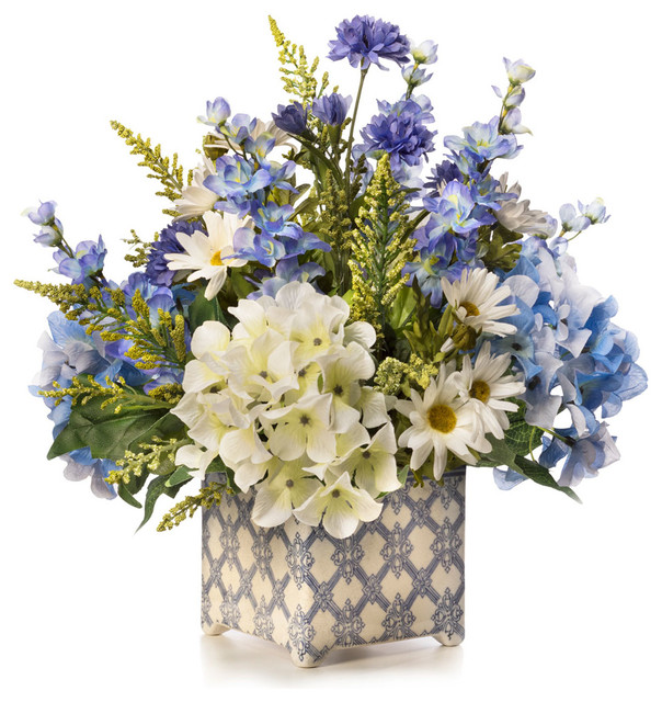 Hydrangeas in Blue Silk Flower Arrangement - Mediterranean - Artificial