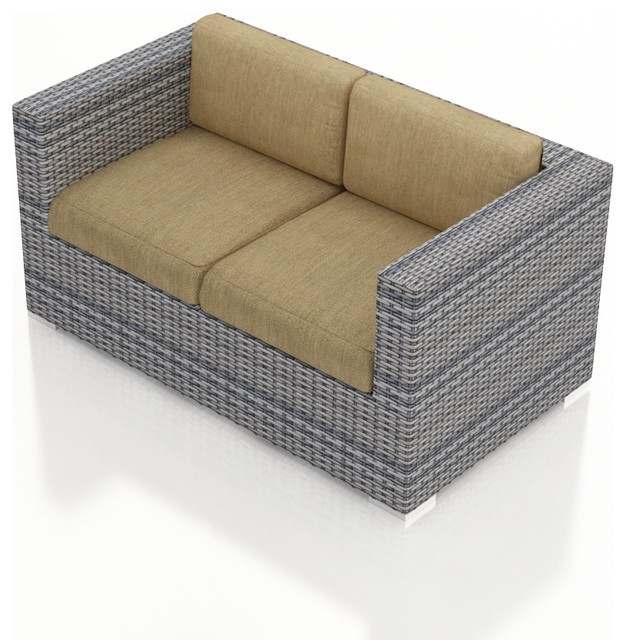 Urbana Modern Outdoor Loveseat, Weathered Stone Wicker, Heather Beige