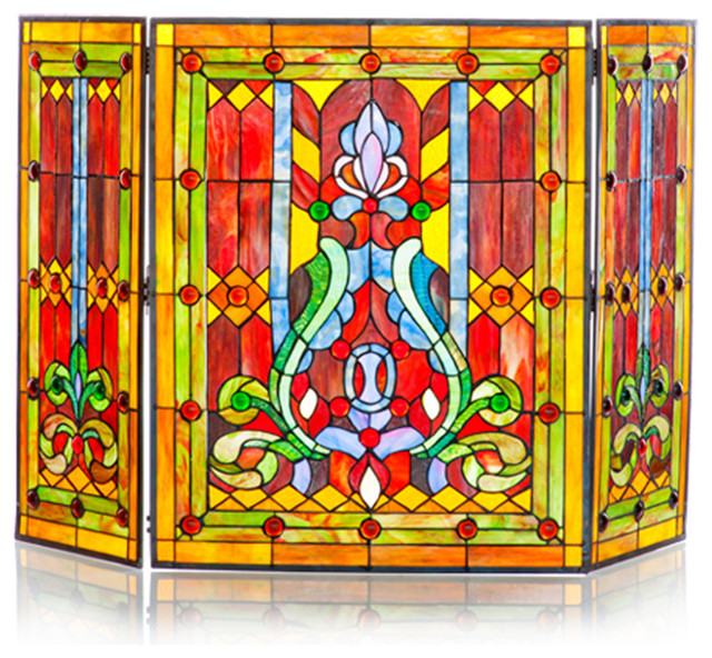 Retro 28" Stained Glass Fleur de Lis Fireplace Screen Accent Decor