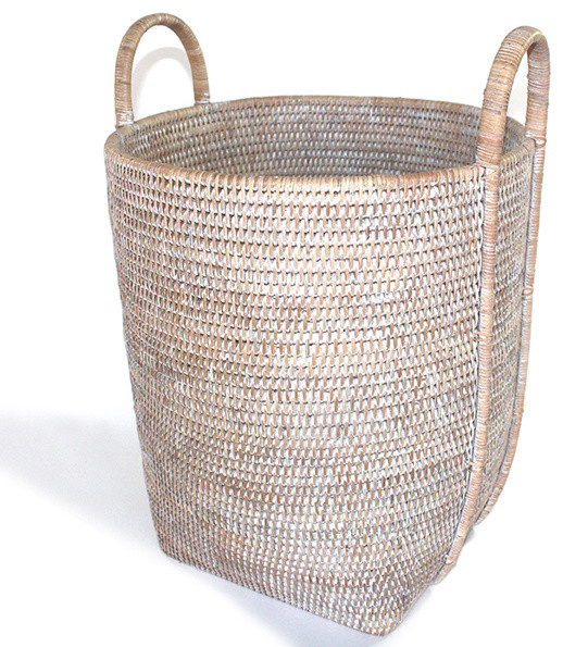 Whitewash Rattan Round Laundry Basket Beach Style Baskets by