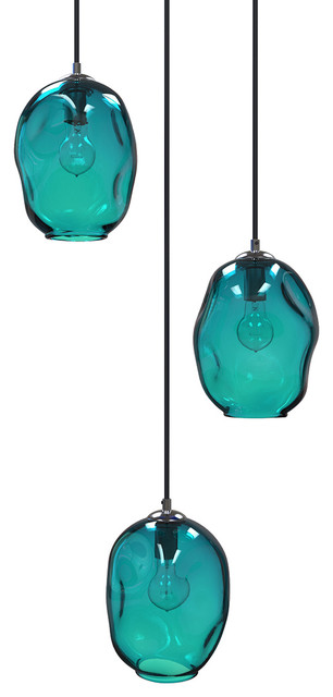 Teal Modern Contemporary Blown Glass Pendant Light, 9 x 11 Oblong