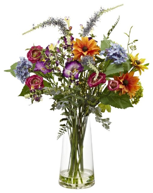 Spring Garden Faux Floral Arrangement in Vase, Assorted Traditional