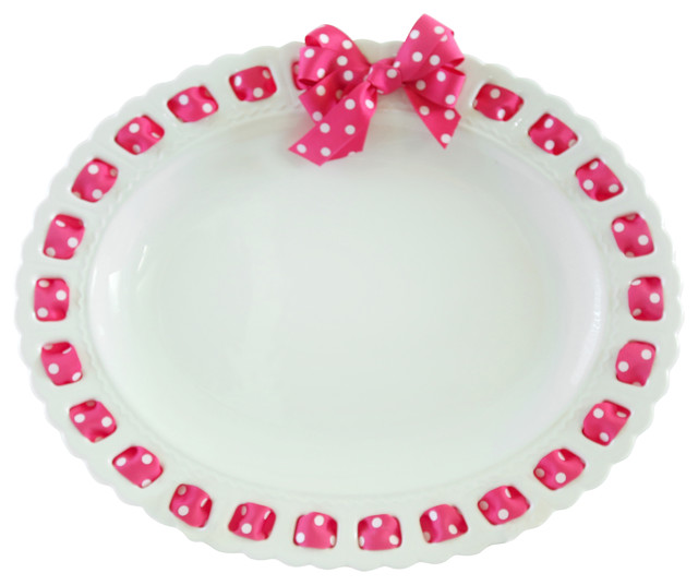 18" Oval Serving Platter, Hot Pink and White Polka Dot Ribbon