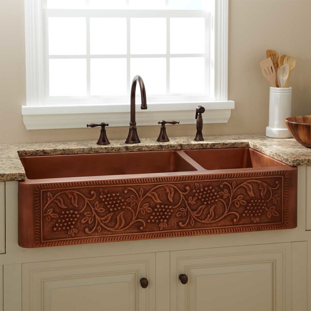 42 Vineyard 70 30 Offset Double Bowl Copper Farmhouse Sink