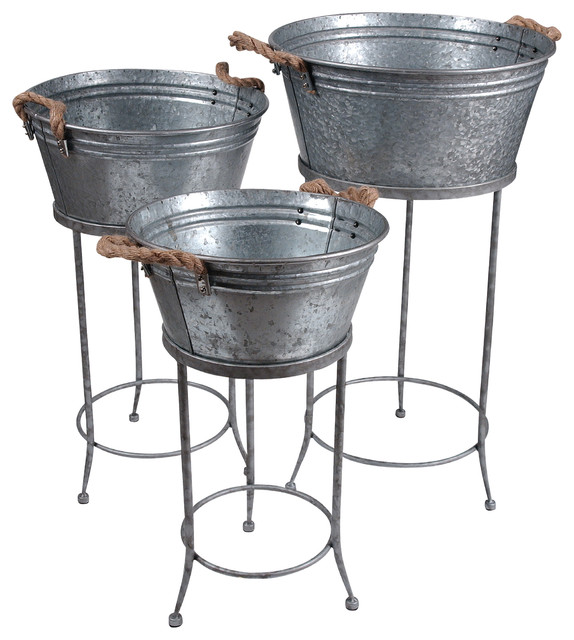 Galvanized Tin Beverage Buckets on Stands, Set of 3 farmhouseicetools
