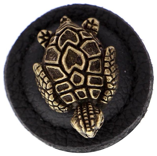 Pollino, Knob, Large, Round Leather, Turtle, Black, Antique Brass