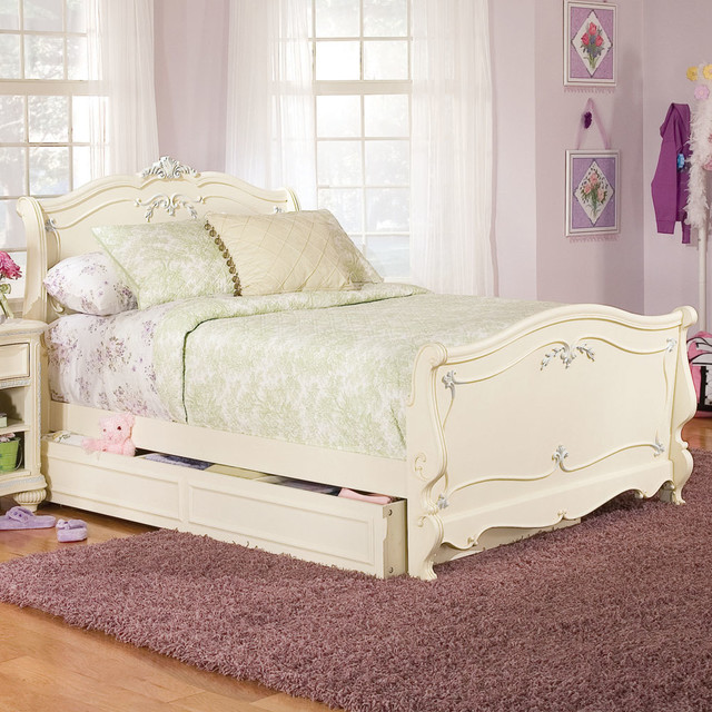 Jessica McClintock Antique White Queen Sleigh Bed Traditional Beds