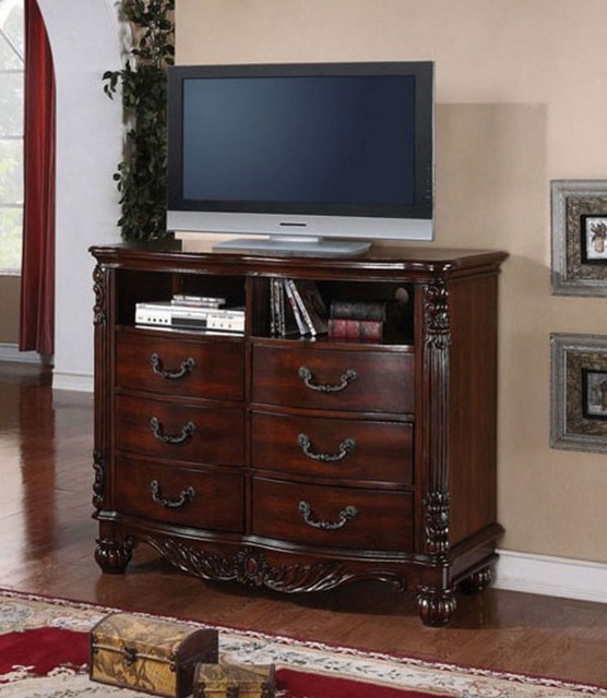 Acme Furniture Jacob Traditional Dark Cherry Wood Carving 6 Drawer TV