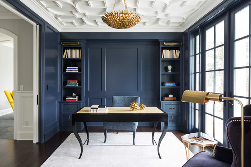Gorgeous navy blue built-ins -- and that ceiling! This is the perfect paint color. 
