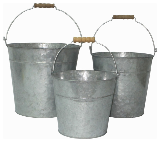 Galvanized Metal Garden Buckets, Set of 3 Cleaning Buckets by Cheungs