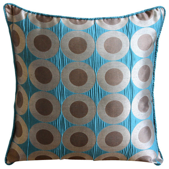 Teal Polka Dots Decorative Teal Blue Silk Throw Pillow Cover, 14x14 contemporary-scatter-cushions