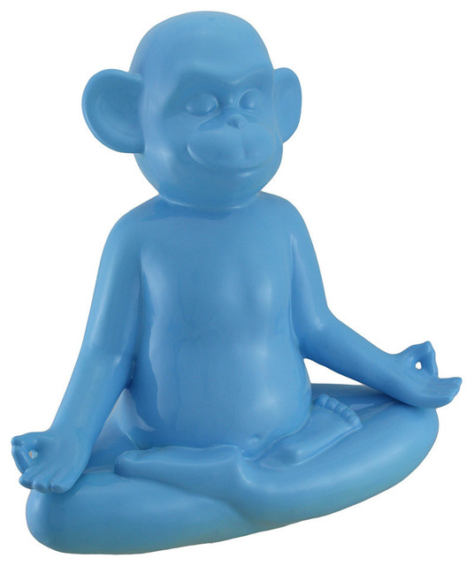 Blue Meditating Monkey Ceramic Zen Statue Eclectic Decorative
