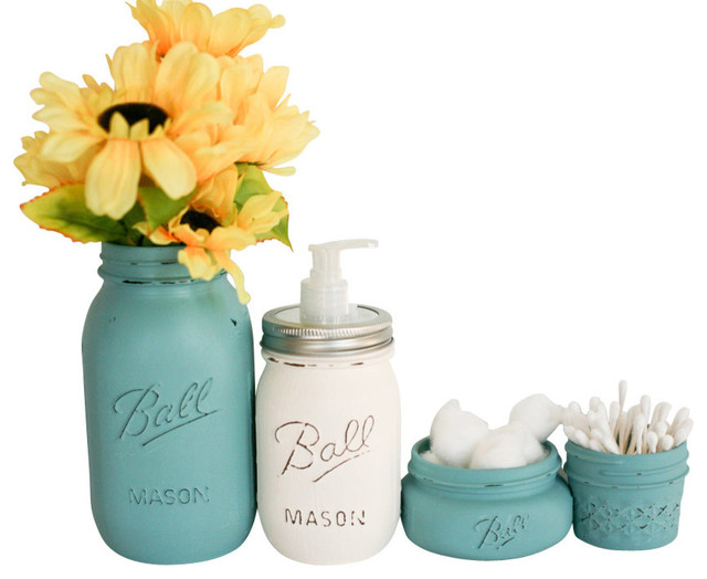 Painted Mason Jars 4Piece Bathroom Set, Teal Blue and White