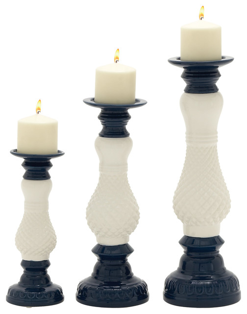 Ceramic Candle Holder, Set of 3, Navy Blue Modern Candleholders