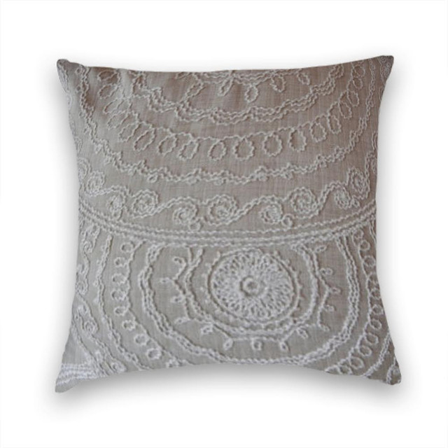 Taupe White Embroidered Abstract Throw, 20x20 Pillow Cover Traditional Decorative Pillows