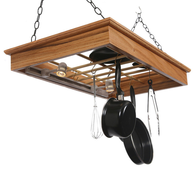 Hanging Pot Rack With Halogen Lighting, Red Oak Farmhouse Pot Racks