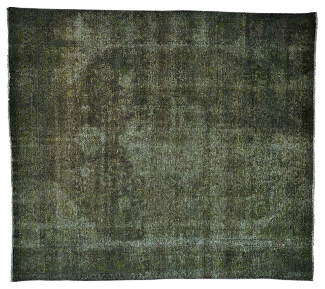 8'x9' Forest Green Overdyed Worn Persian Tabriz Handmade Oriental Rug Transitional Area Rugs